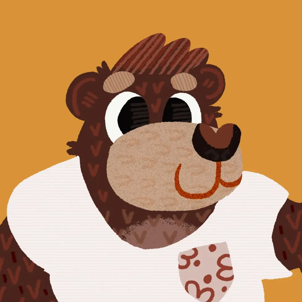 A hand-drawn illustration of Pixel in a bright & vibrant toon-y style, drawn by @looeethetiger@bears.town.